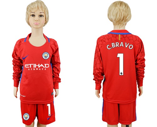 Manchester City #1 C.Bravo Red Goalkeeper Long Sleeves Kid Soccer Club Jersey - Click Image to Close
